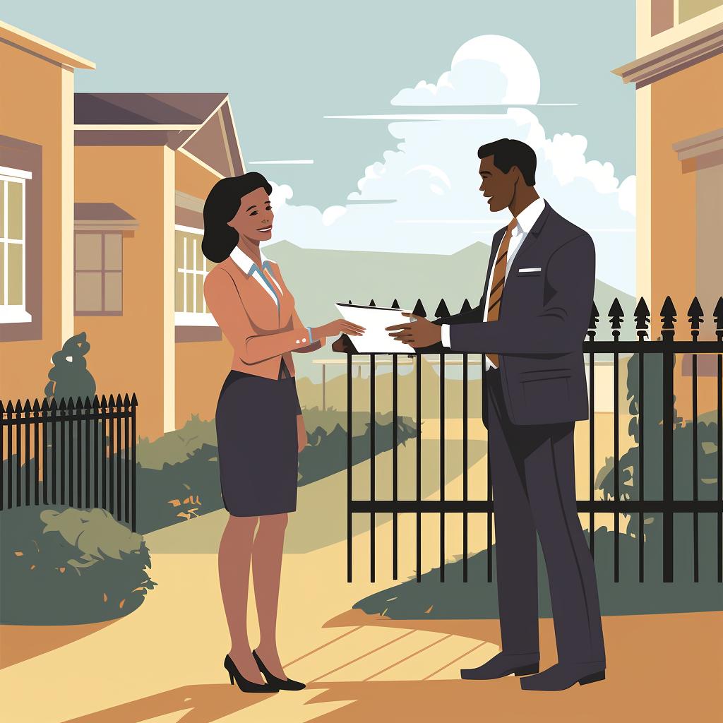 A realtor handing over a brochure of a gated community to a potential buyer